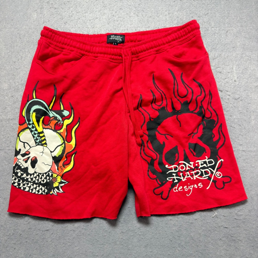Ed Hardy Mens Red Graphic Tattoo Skull Dragon Sweat Shorts EHM8000-19R Large